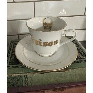 Macabre Spitfire Coffee Position Teacup Gold Skull Cross Bones With Under Plate